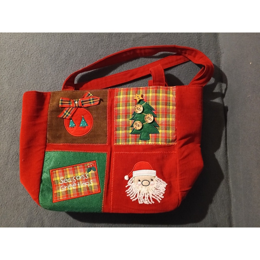 Kim Rogers Christmas Holiday Corduroy Patchwork Tote Bag Santa Tree
